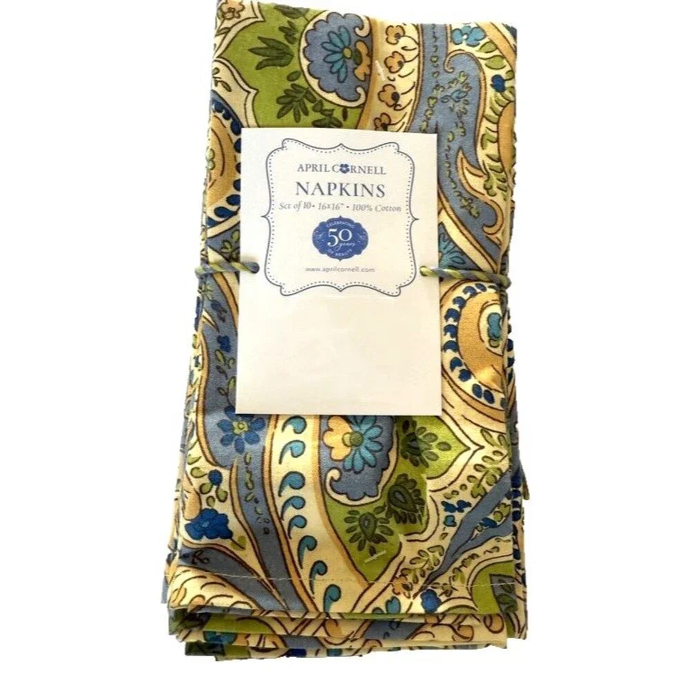 April Cornell Napkins Blue Green Paisley Cotton Boho French Country Set of 10